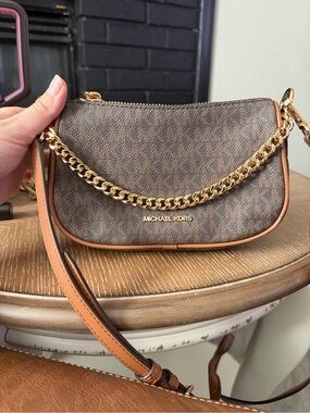 Michael Kors Brown and Tan Logo Chain-Accent Crossbody